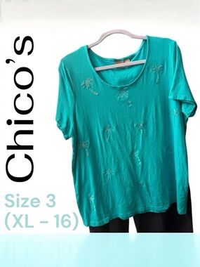 Chico's Turquoise Embroidered Palm Top